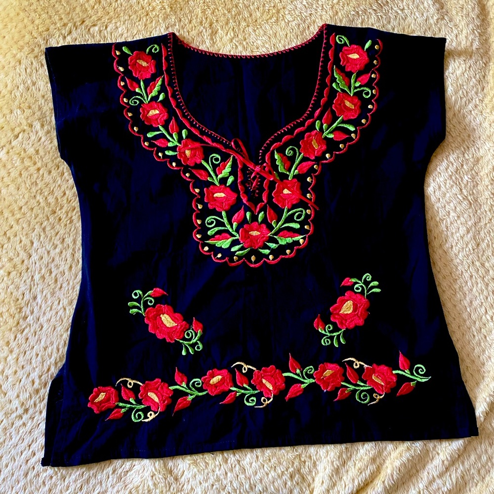 Black & Red Mexican Embroidered Blouse - Picture 1 of 3